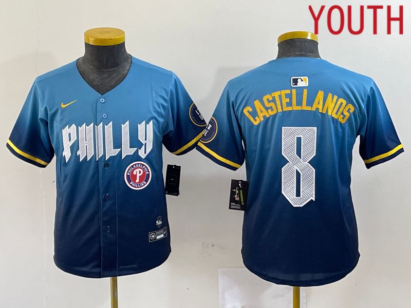 Youth Philadelphia Phillies 8 Castellanos Blue City Edition Nike 2024 MLB Jersey style 3